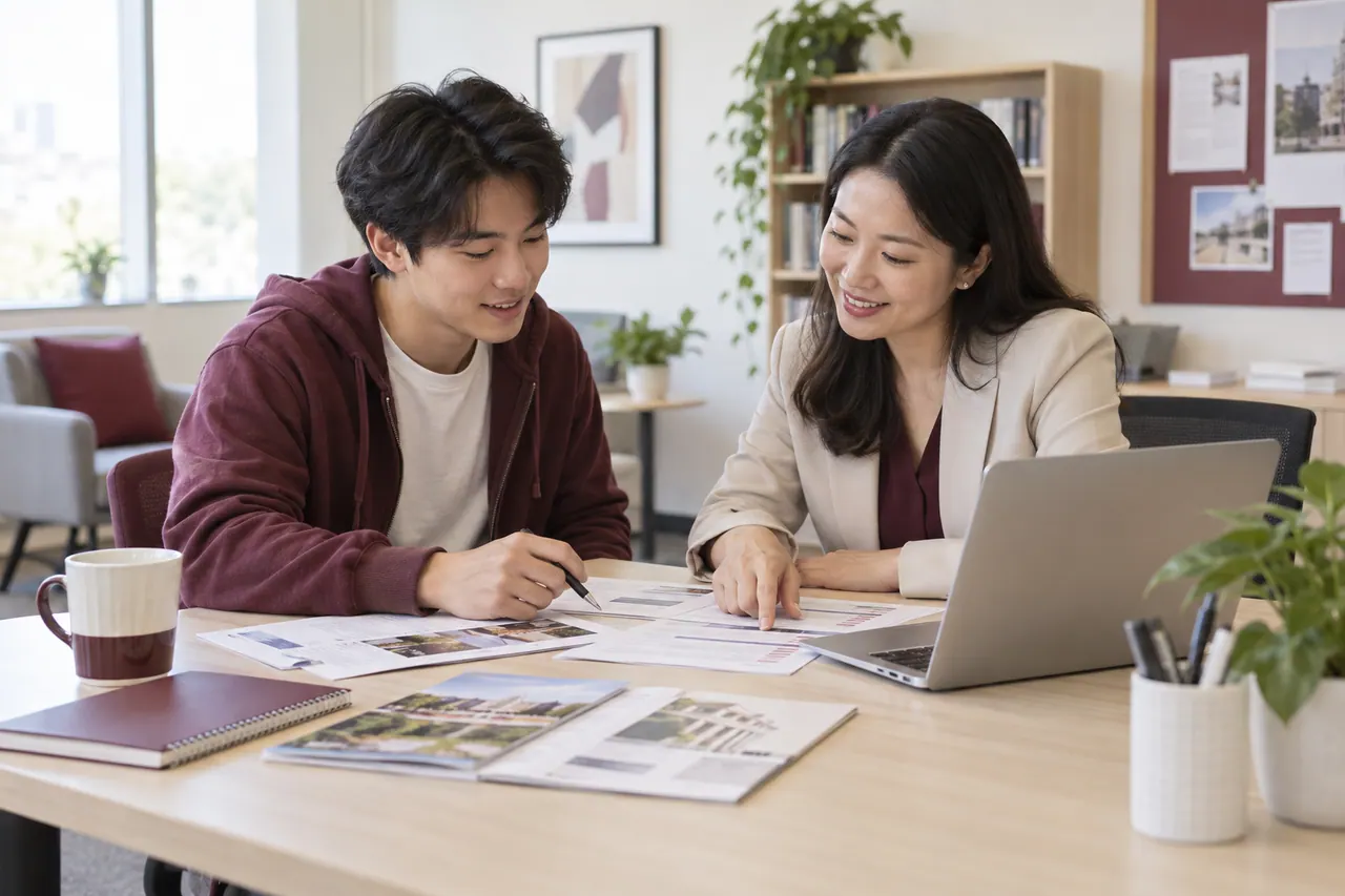顾问与学生共同比较课程资料,AI情景示意