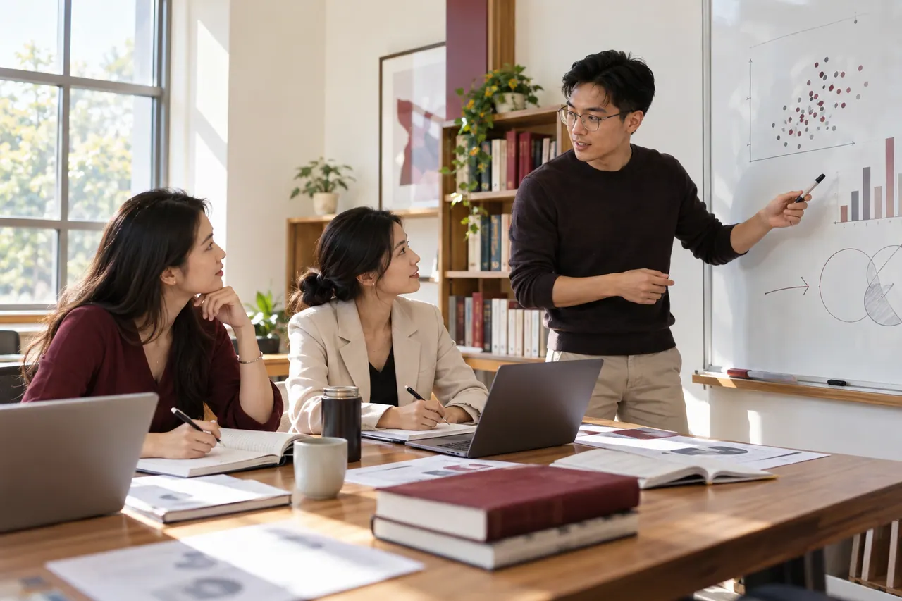 硕士学生深入研讨专业项目,AI情景示意