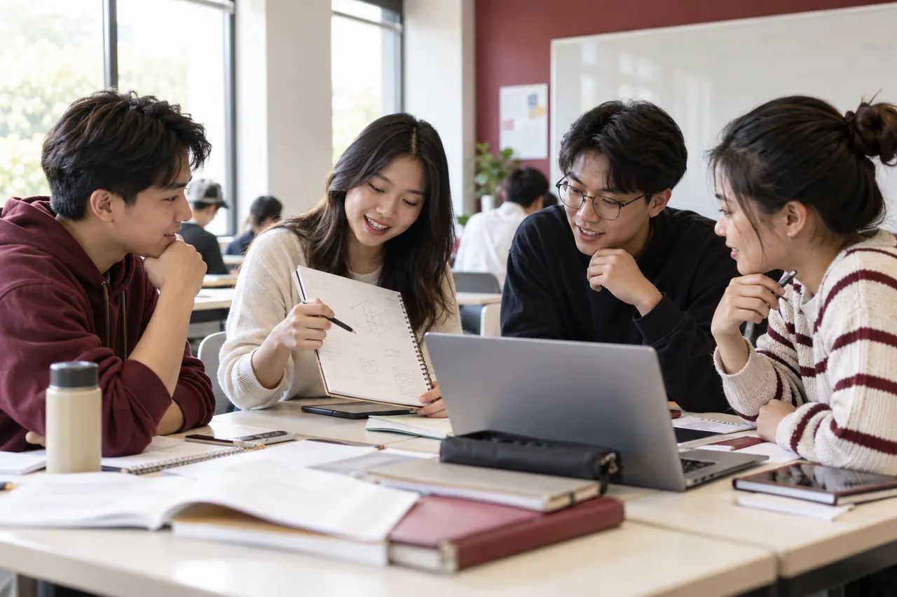本科学生在明亮课堂讨论课程问题,AI情景示意
